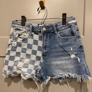 Distressed Checkered Denim Shorts